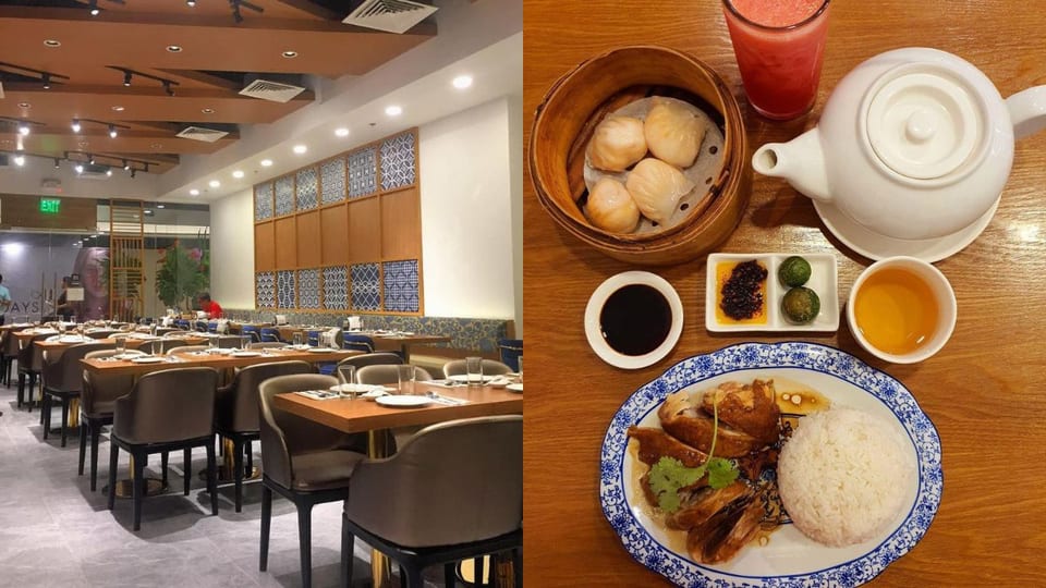 left: interior view of mandarin sky express; right: bestselling dishes from mandarin sky express